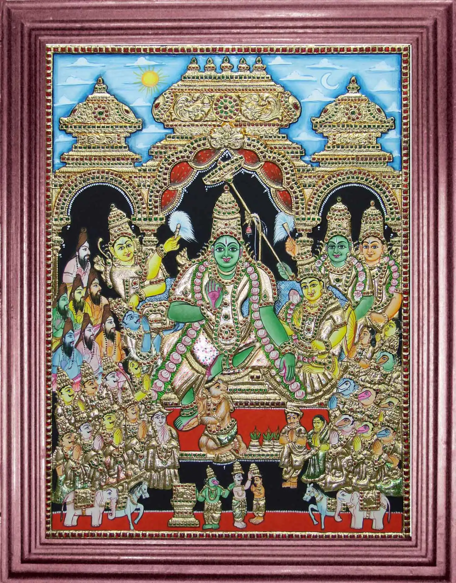 Handcrafted Ramar Pattabishegam Tanjore Painting depicting the coronation of Lord Rama and Sita with celestial elements like the sun and moon in traditional Thanjavur art